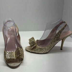 Kate Spade NY Heels Slingback Shoes Open Toe Bow Glitter Metallic Gold Size 10